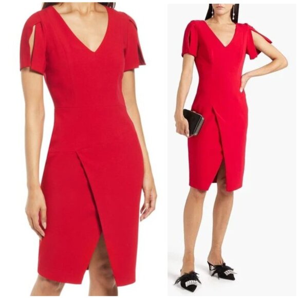 NWOT Black Halo Valor Dress Wrap-Detail Red Sheath Cocktail Minimalist size 10 - Picture 1 of 14